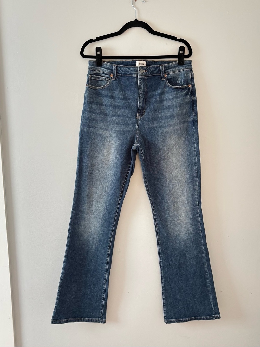 Pistola High-Rise Bootcut Jean Wide Leg Stretch Denim Fading Whiskering Blue